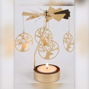 Dönen Mumluk Geyik Figürlü Altın Metal Tealight Mum Tutucu Yılbaşı Dekoru Hediye 15 cm