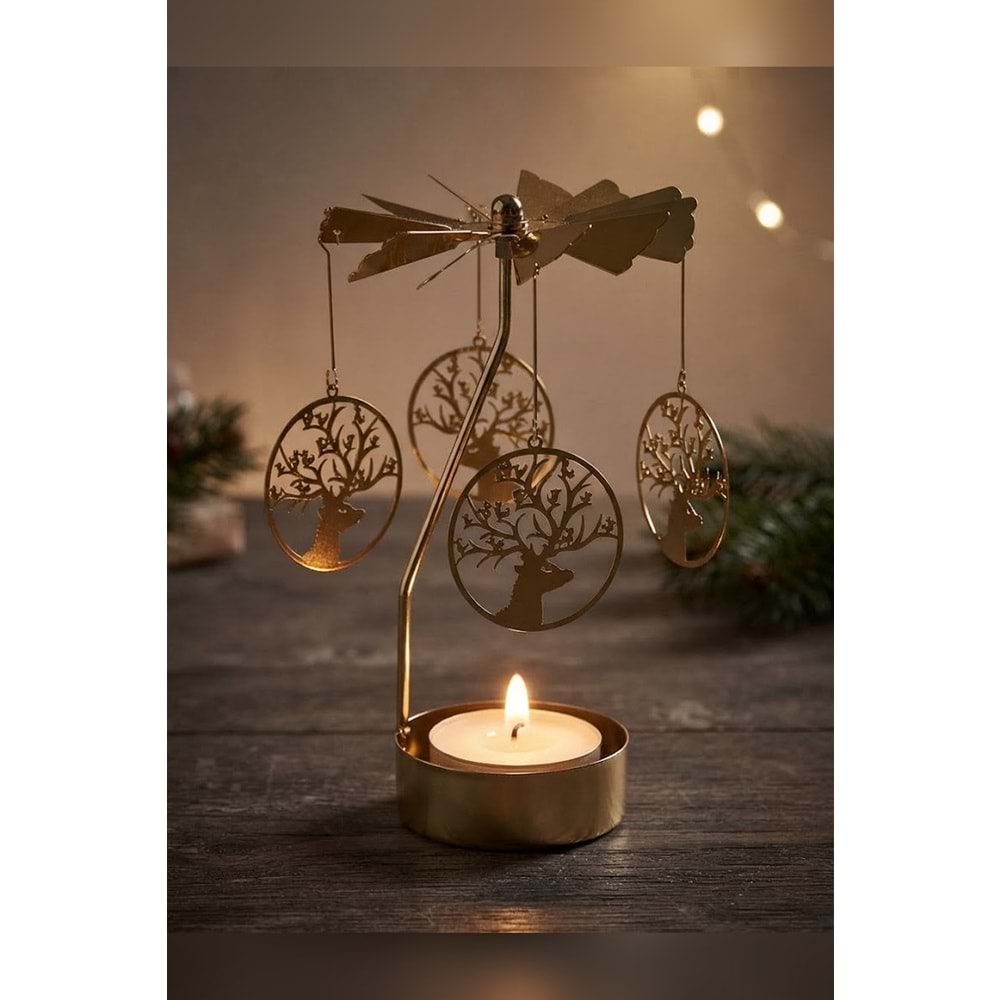 Dönen Mumluk Geyik Figürlü Altın Metal Tealight Mum Tutucu Yılbaşı Dekoru Hediye 15 cm