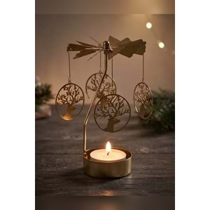 Dönen Mumluk Geyik Figürlü Altın Metal Tealight Mum Tutucu Yılbaşı Dekoru Hediye 15 cm