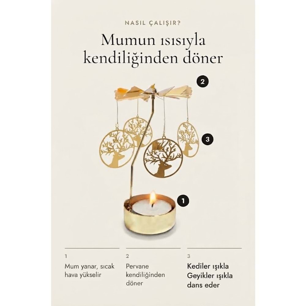 Dönen Mumluk Geyik Figürlü Altın Metal Tealight Mum Tutucu Yılbaşı Dekoru Hediye 15 cm