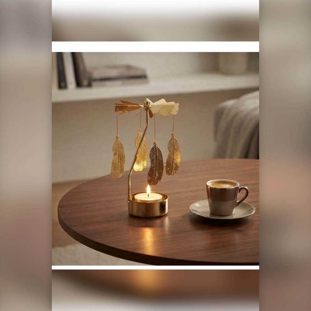 Dönen Mumluk Tüy Figürlü Altın Metal Tealight Mum Tutucu Dekoratif Hediye 15 cm