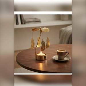 Dönen Mumluk Tüy Figürlü Altın Metal Tealight Mum Tutucu Dekoratif Hediye 15 cm