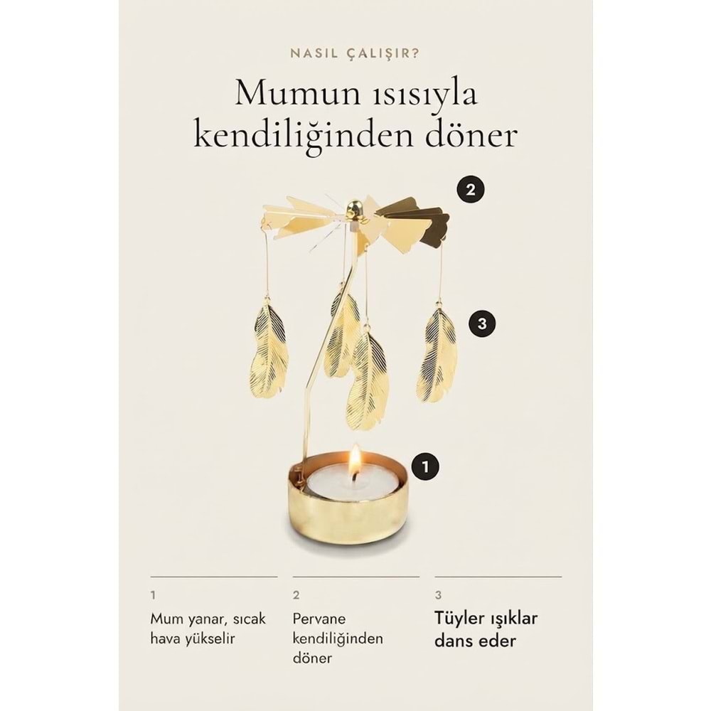 Dönen Mumluk Tüy Figürlü Altın Metal Tealight Mum Tutucu Dekoratif Hediye 15 cm