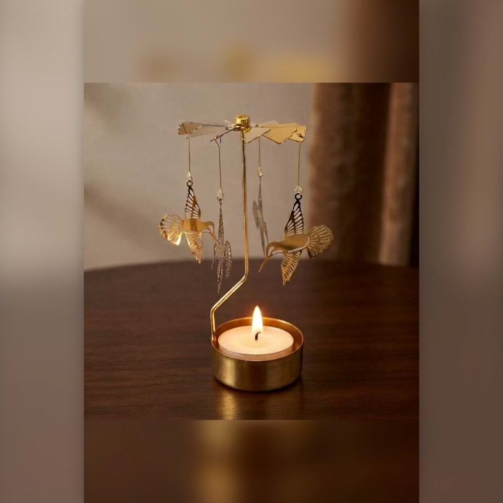 Dönen Mumluk Sinek Kuşu Figürlü Altın Metal Tealight Mum Tutucu Dekoratif Hediye 15 cm