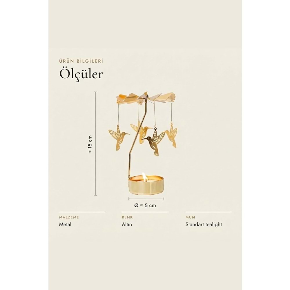 Dönen Mumluk Sinek Kuşu Figürlü Altın Metal Tealight Mum Tutucu Dekoratif Hediye 15 cm