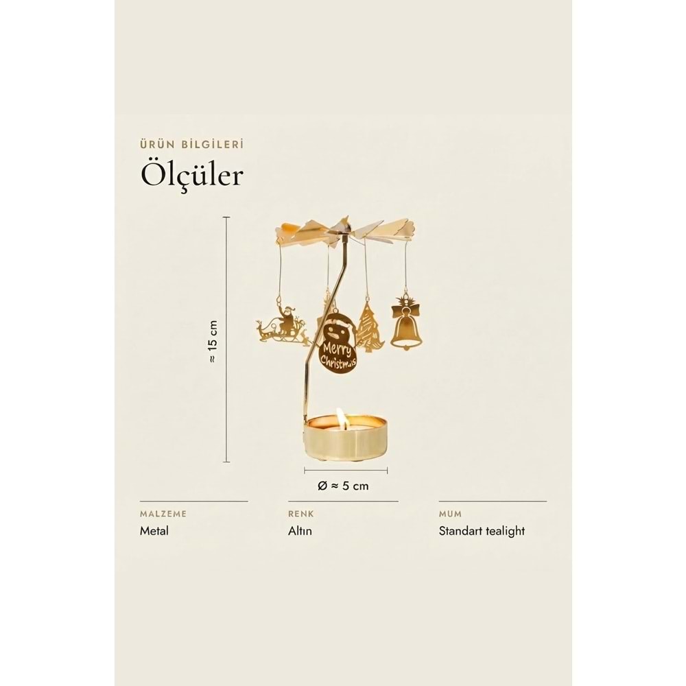 Dönen Mumluk Yılbaşı Figürlü Noel Baba Çan Kardan Adam Altın Metal Tealight Mum Tutucu 15 cm