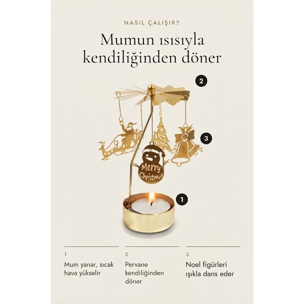 Dönen Mumluk Yılbaşı Figürlü Noel Baba Çan Kardan Adam Altın Metal Tealight Mum Tutucu 15 cm