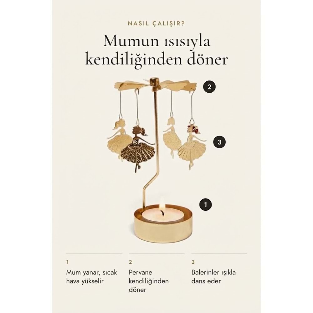 Dönen Mumluk Balerin Figürlü Altın Metal Tealight Mum Tutucu Dekoratif Hediye 15 cm