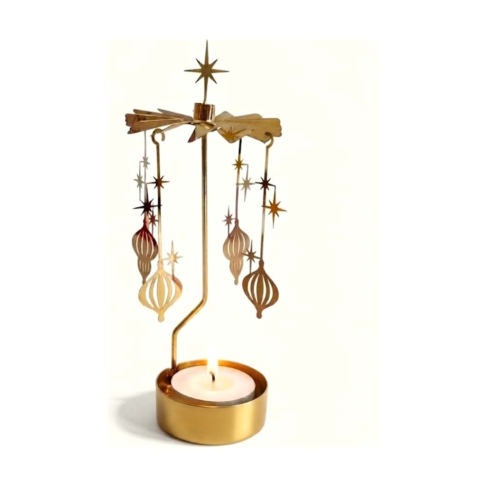 Dönen Mumluk Yıldız ve Yılbaşı Süsü Figürlü Altın Metal Tealight Mum Tutucu 18 cm