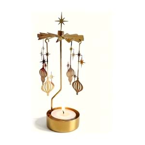 Dönen Mumluk Yıldız ve Yılbaşı Süsü Figürlü Altın Metal Tealight Mum Tutucu 18 cm