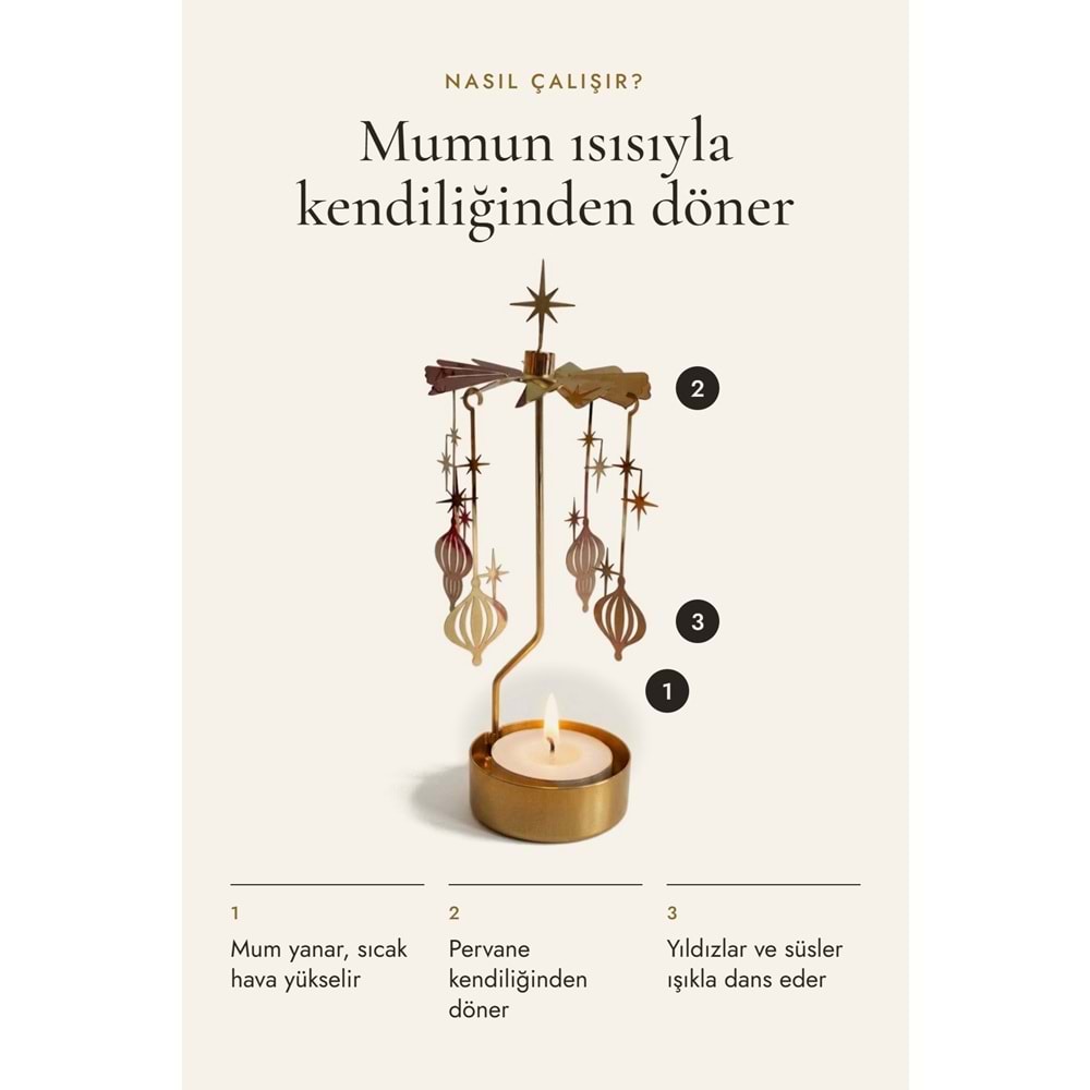 Dönen Mumluk Yıldız ve Yılbaşı Süsü Figürlü Altın Metal Tealight Mum Tutucu 18 cm