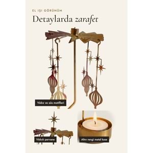 Dönen Mumluk Yıldız ve Yılbaşı Süsü Figürlü Altın Metal Tealight Mum Tutucu 18 cm