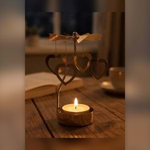 Dönen Mumluk Kalp Figürlü Altın Metal Tealight Mum Tutucu Sevgiliye Hediye 15 cm