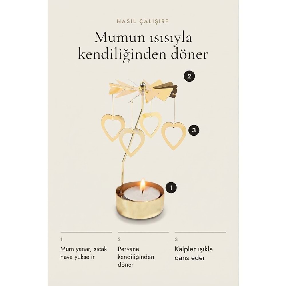 Dönen Mumluk Kalp Figürlü Altın Metal Tealight Mum Tutucu Sevgiliye Hediye 15 cm