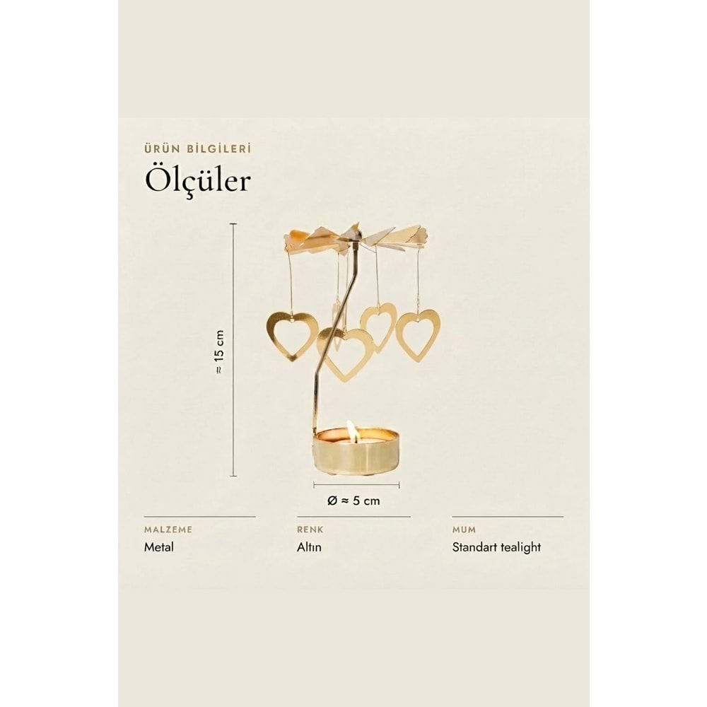 Dönen Mumluk Kalp Figürlü Altın Metal Tealight Mum Tutucu Sevgiliye Hediye 15 cm