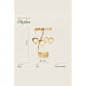 Dönen Mumluk Kalp Figürlü Altın Metal Tealight Mum Tutucu Sevgiliye Hediye 15 cm