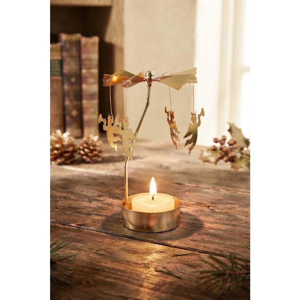Dönen Mumluk Borazanlı Melek Figürlü Altın Metal Tealight Mum Tutucu Yılbaşı Dekoru 15 cm