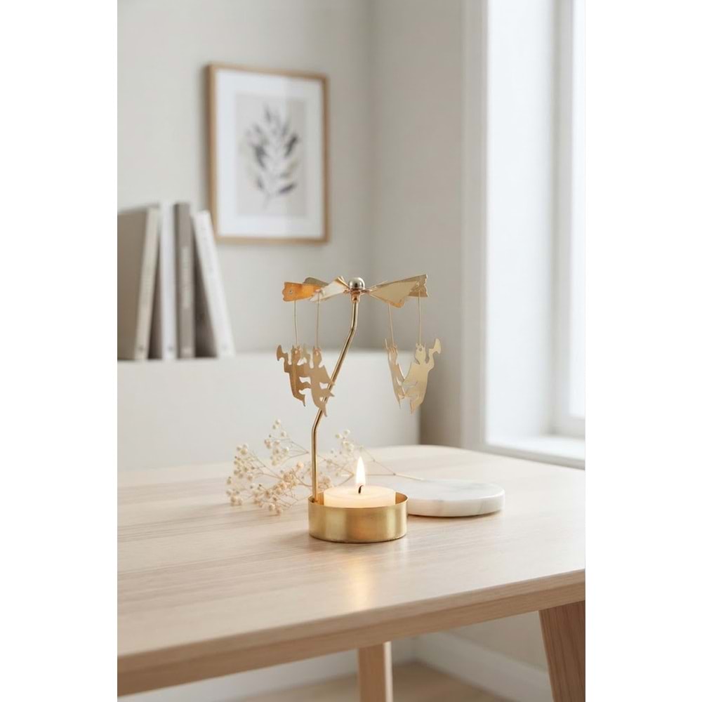 Dönen Mumluk Borazanlı Melek Figürlü Altın Metal Tealight Mum Tutucu Yılbaşı Dekoru 15 cm