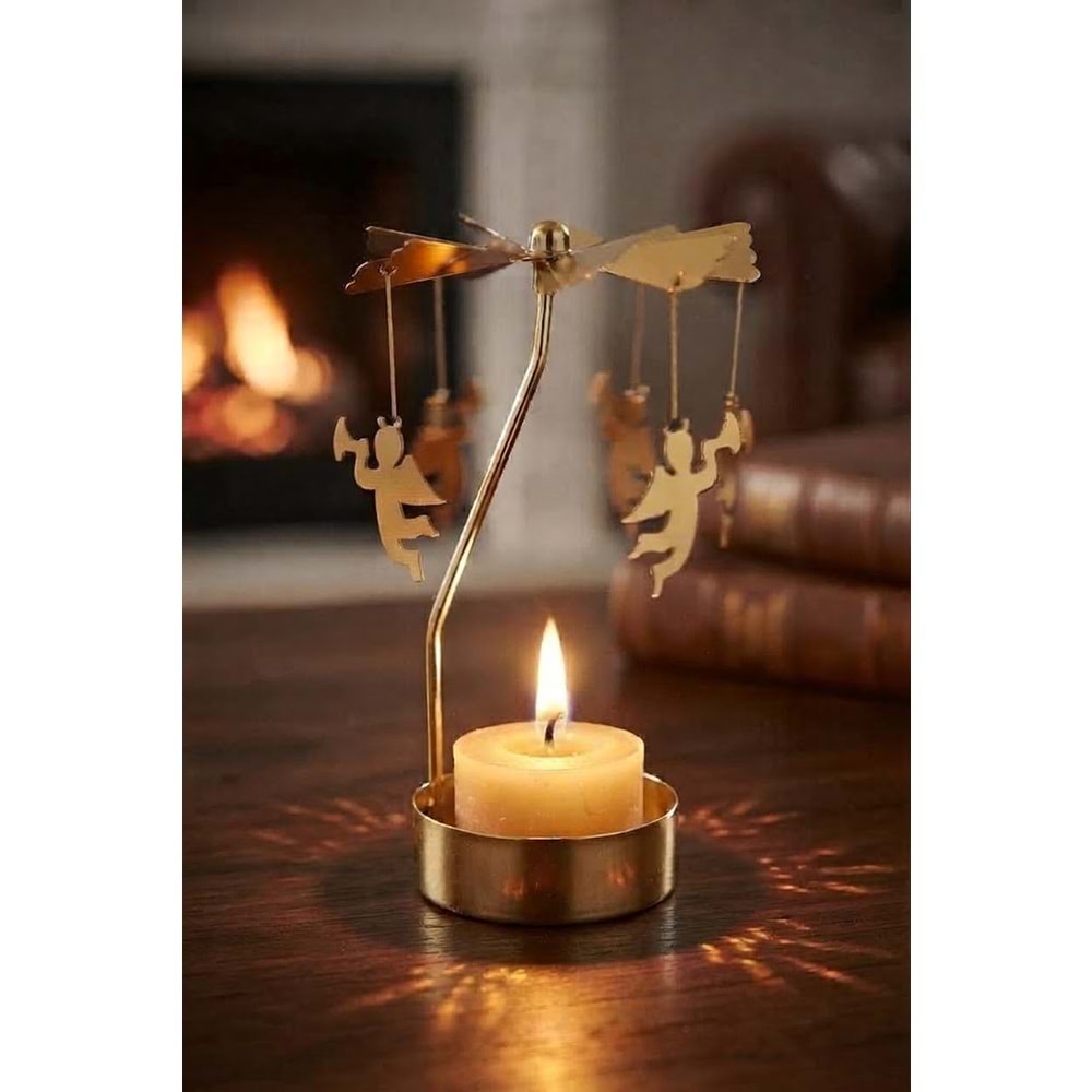 Dönen Mumluk Borazanlı Melek Figürlü Altın Metal Tealight Mum Tutucu Yılbaşı Dekoru 15 cm