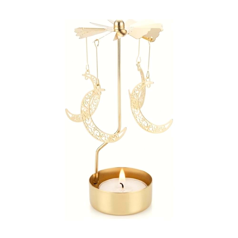 Dönen Mumluk Hilal Ay Figürlü Altın Metal Tealight Mum Tutucu Dekoratif Hediye 15 cm