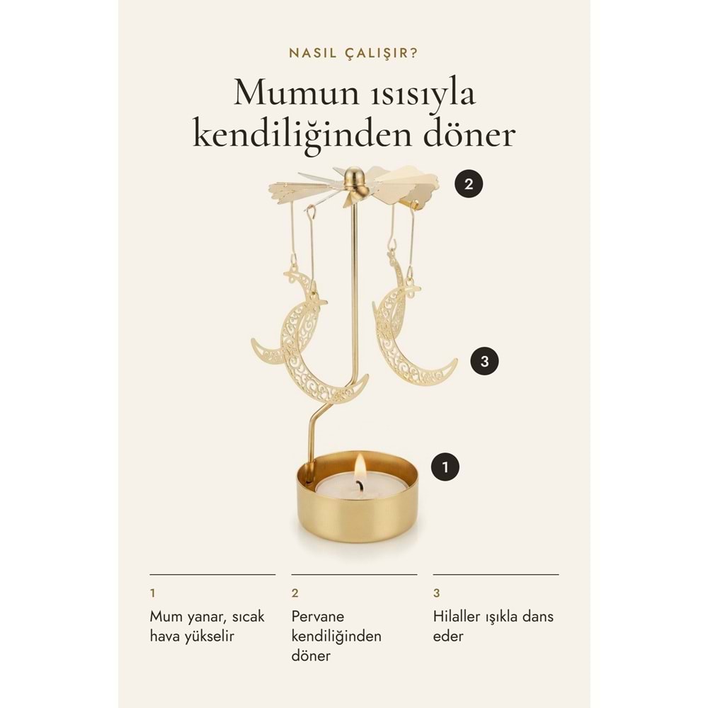 Dönen Mumluk Hilal Ay Figürlü Altın Metal Tealight Mum Tutucu Dekoratif Hediye 15 cm