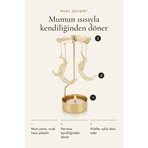 Dönen Mumluk Hilal Ay Figürlü Altın Metal Tealight Mum Tutucu Dekoratif Hediye 15 cm