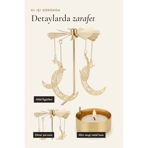 Dönen Mumluk Hilal Ay Figürlü Altın Metal Tealight Mum Tutucu Dekoratif Hediye 15 cm